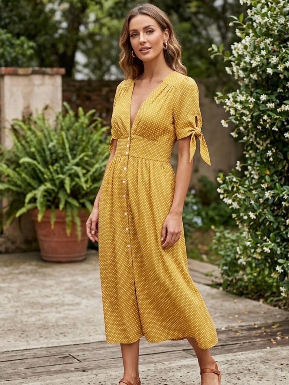 Spencer & Shaw Mustard Polka Dot Midi Dress V-neck size S